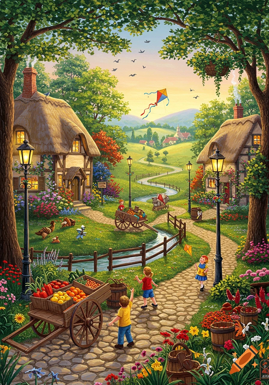 An idyllic village scene with thatched-roof cottages, children playing, fruit carts, and a winding path through green fields.