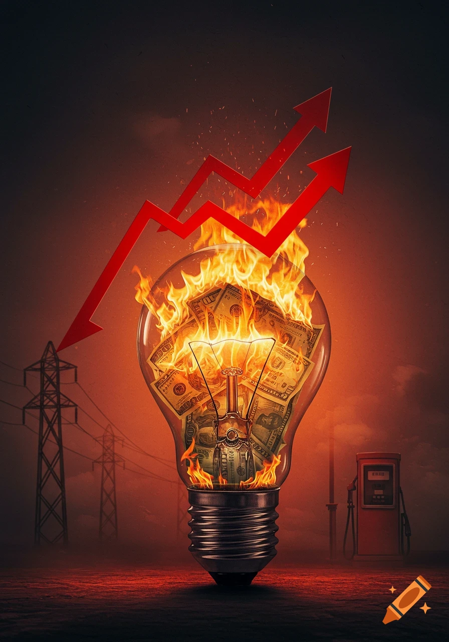 A dramatic image of a lightbulb filled with burning money, symbolizing inflation and energy costs. Red arrows rise above it, with power lines and a gas pump in the fiery background.