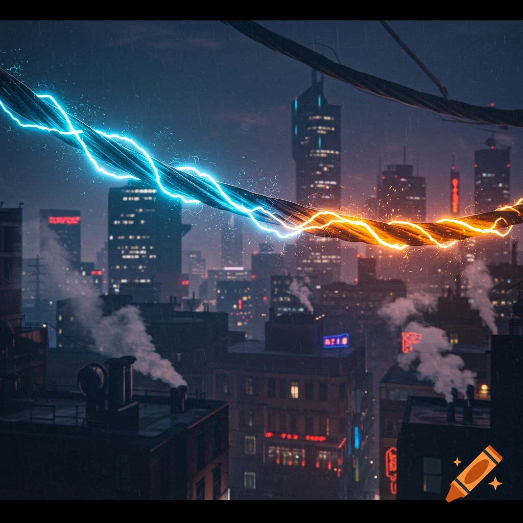 Two intertwined glowing electrical cables, one blue and one orange, stretch across a dark, rainy cyberpunk city skyline at night.