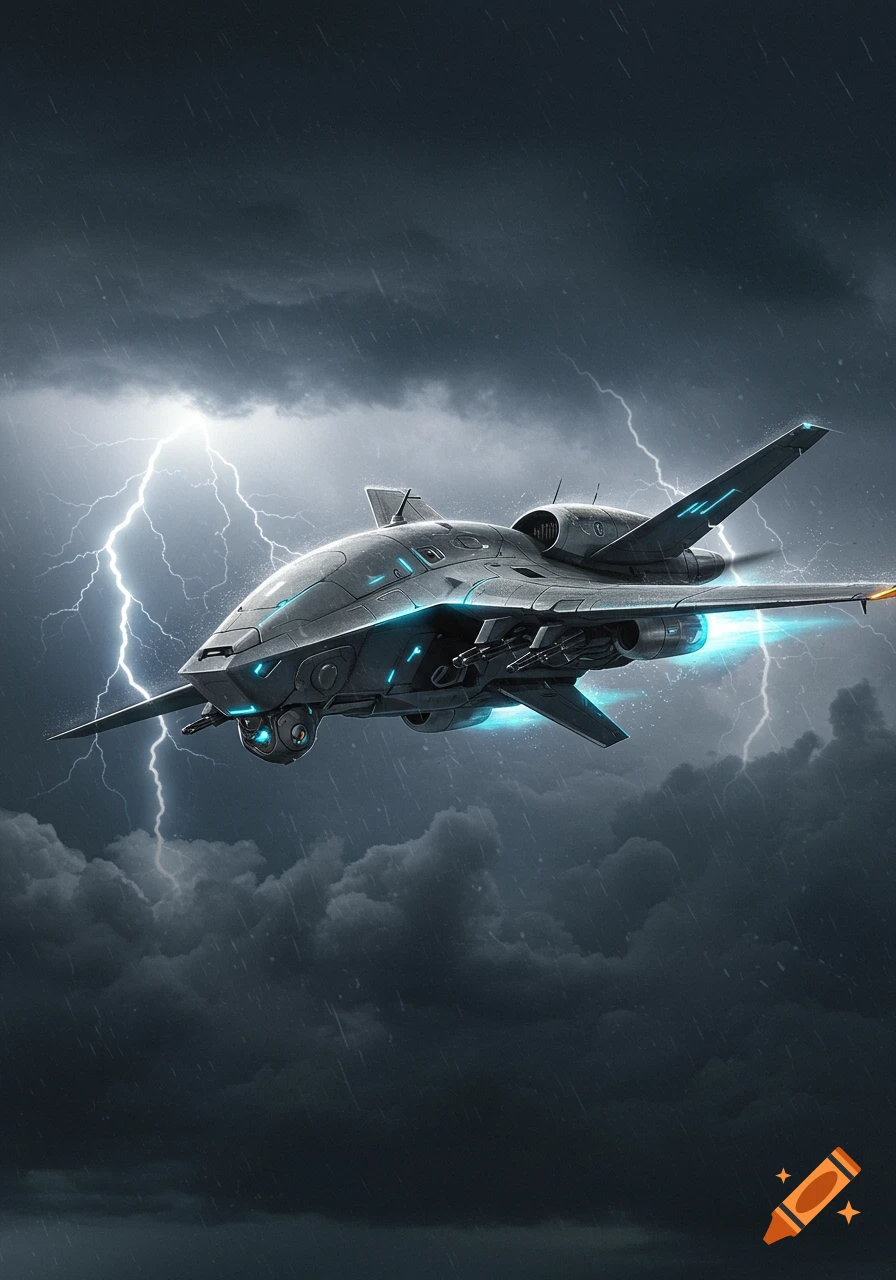 A futuristic grey combat drone with blue lights flies through a dark, stormy sky with lightning and rain.