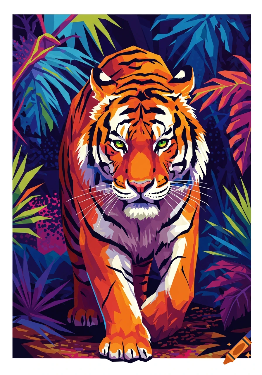 Vibrant pop art illustration of a tiger walking through a lush, dark jungle.