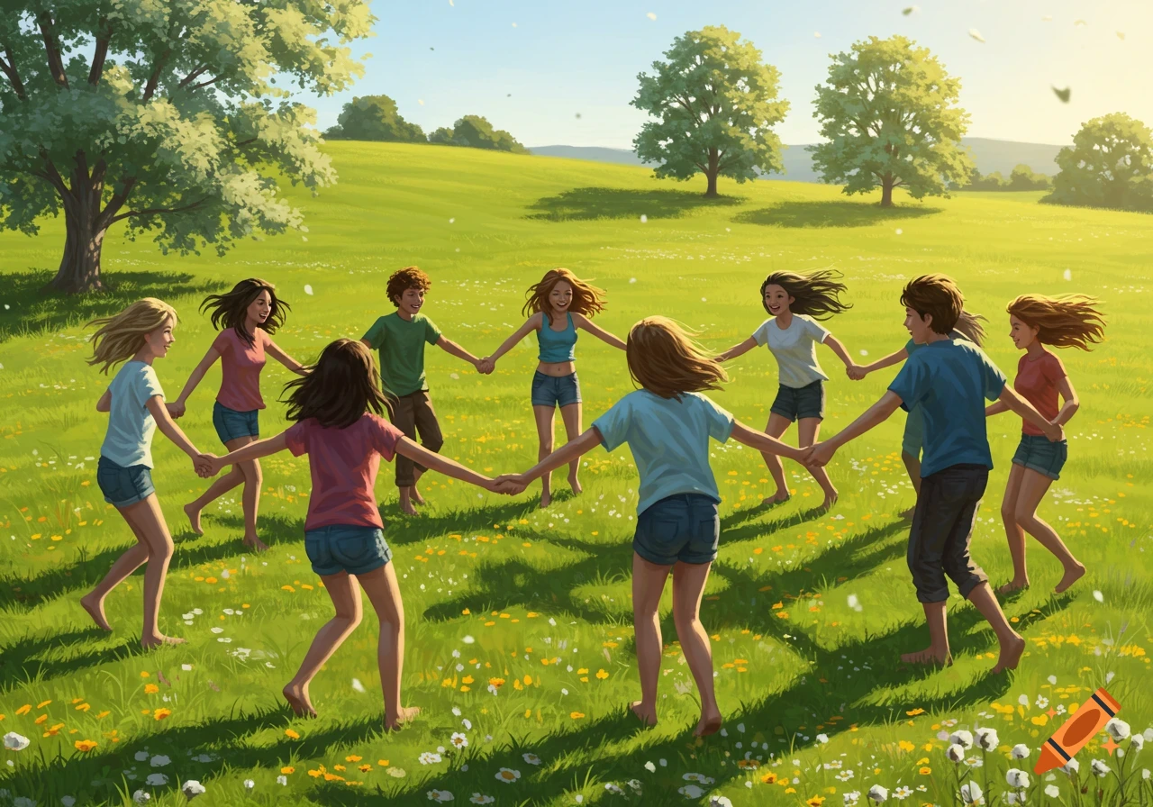 Group of young people holding hands and running in a circle game in a sunny, grassy field.