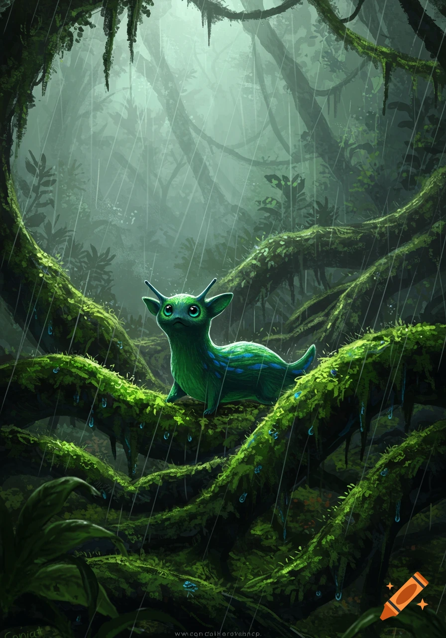 A cute, green, slug-like creature with small antlers and large eyes sits on mossy tree branches in a rainy, dark green jungle.
