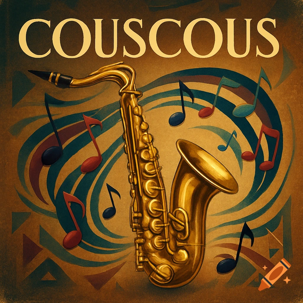 A golden saxophone with colorful musical notes and abstract swirling patterns on a textured album cover with "COUSCOUS" at the top, in a jazz theme.