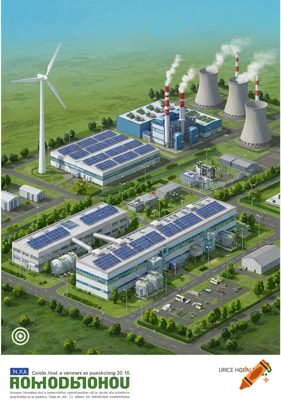 Isometric view of a modern industrial complex with solar panels, wind turbine, and power plant in a green landscape.