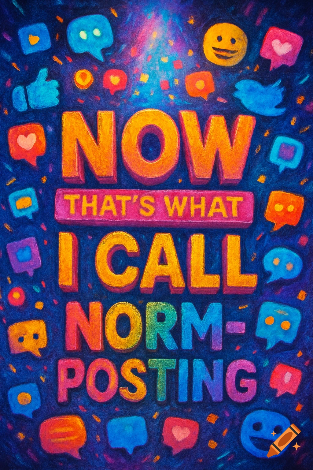 Colorful textured illustration with "NOW THAT'S WHAT I CALL NORM-POSTING" surrounded by social media icons and emojis.