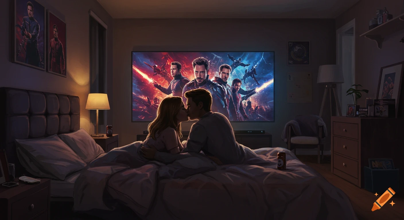 Digital art of a couple kissing in bed, watching a Marvel movie on TV in a dimly lit room.
