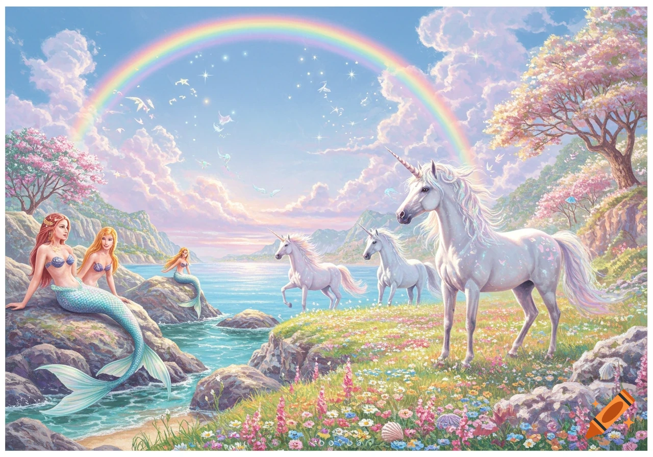 Colorful fantasy illustration with mermaids on rocks by the ocean, unicorns on a flowery cliff, and a rainbow arching across the sky.