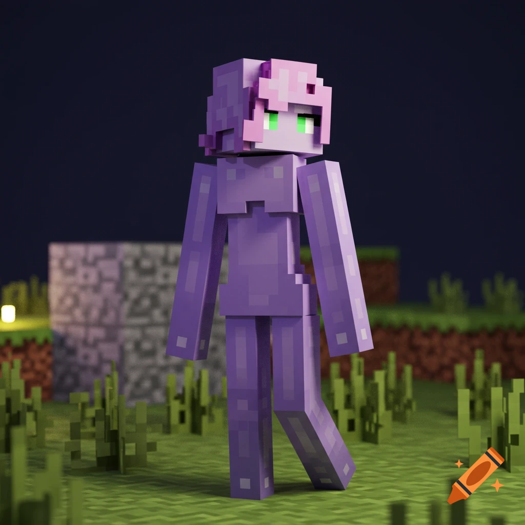 Lavender Minecraft Enderman character with green eyes and pink hair in a blocky landscape.