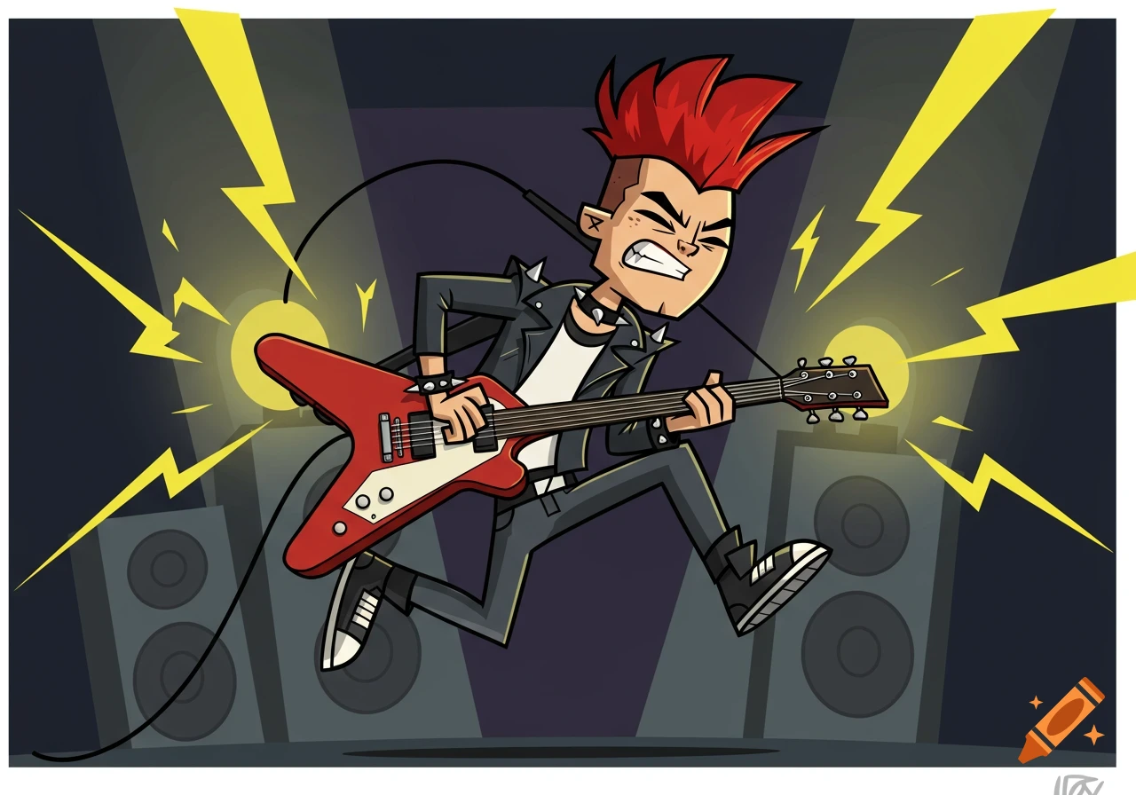 A cartoon punk rocker with red spiky hair jumps on stage playing a red electric guitar, surrounded by yellow lightning and speakers.