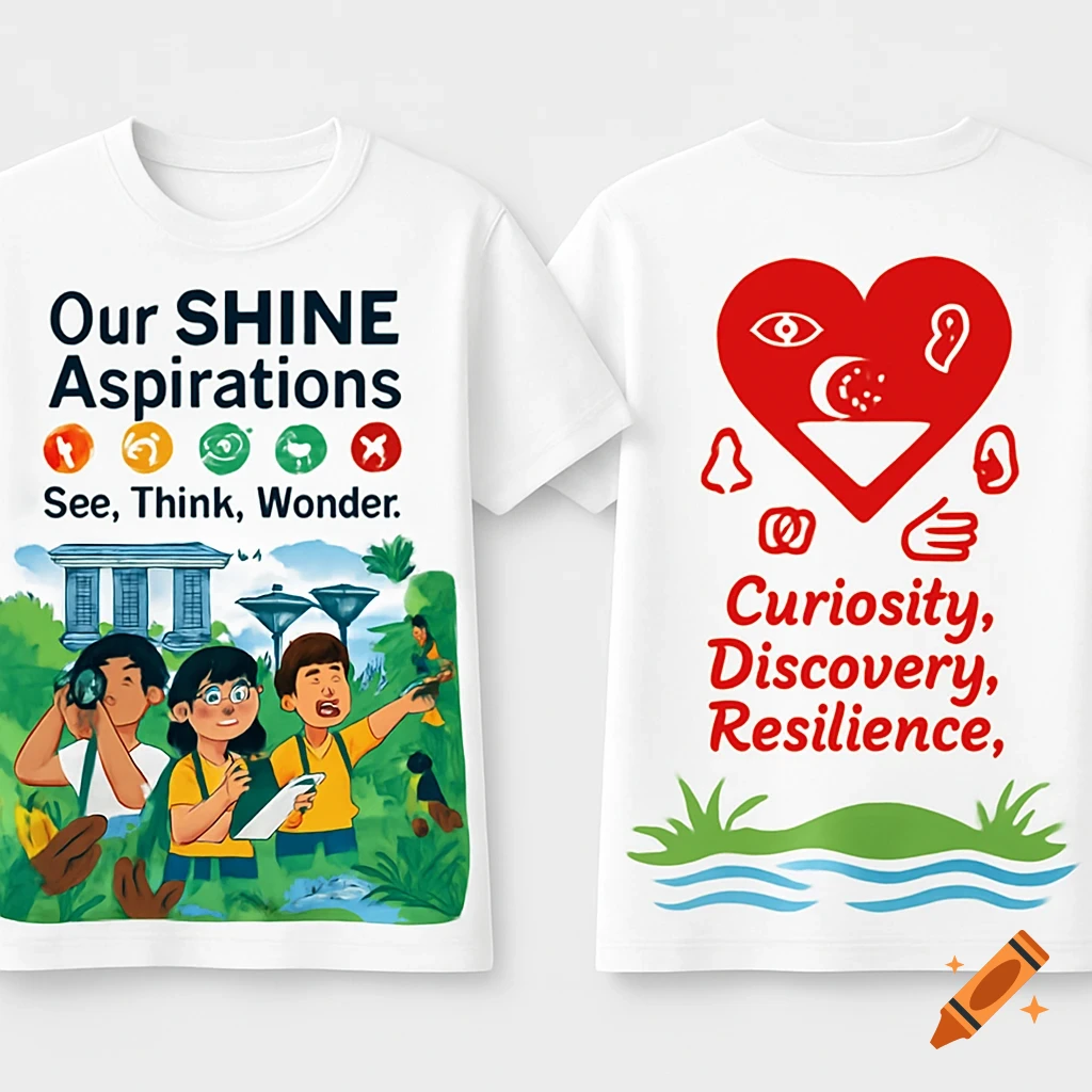 Front and back design of a white t-shirt. Front shows cartoon children exploring outdoors with text "Our SHINE Aspirations See, Think, Wonder.". Back shows a red heart with various icons and text "Curiosity, Discovery, Resilience."}````