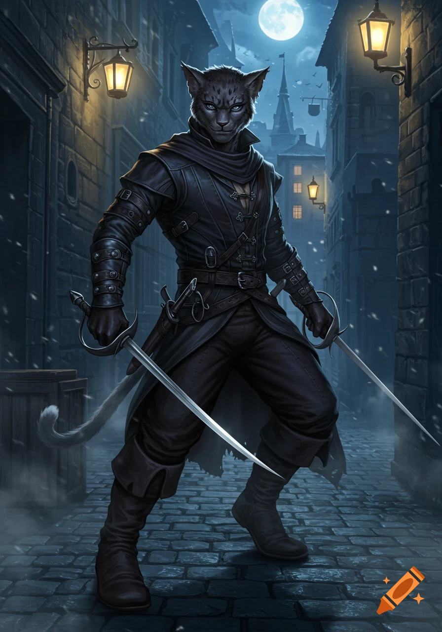 A dark-furred, cat-like rogue in black leather armor stands in a nighttime cobblestone alley, holding two rapiers, under a full moon and glowing lanterns.