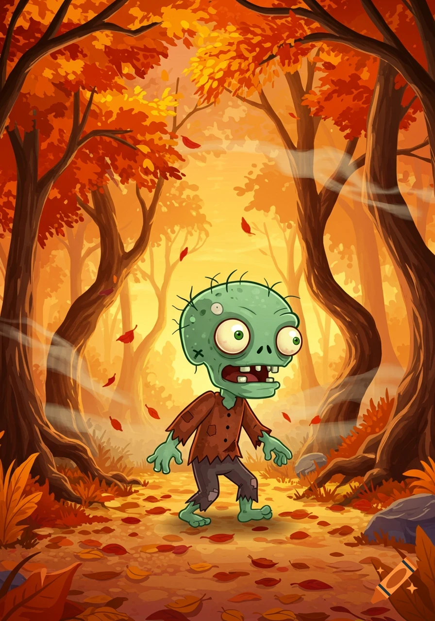 A cartoon zombie with wide eyes and a tattered shirt walks through an autumn forest with falling red and orange leaves.