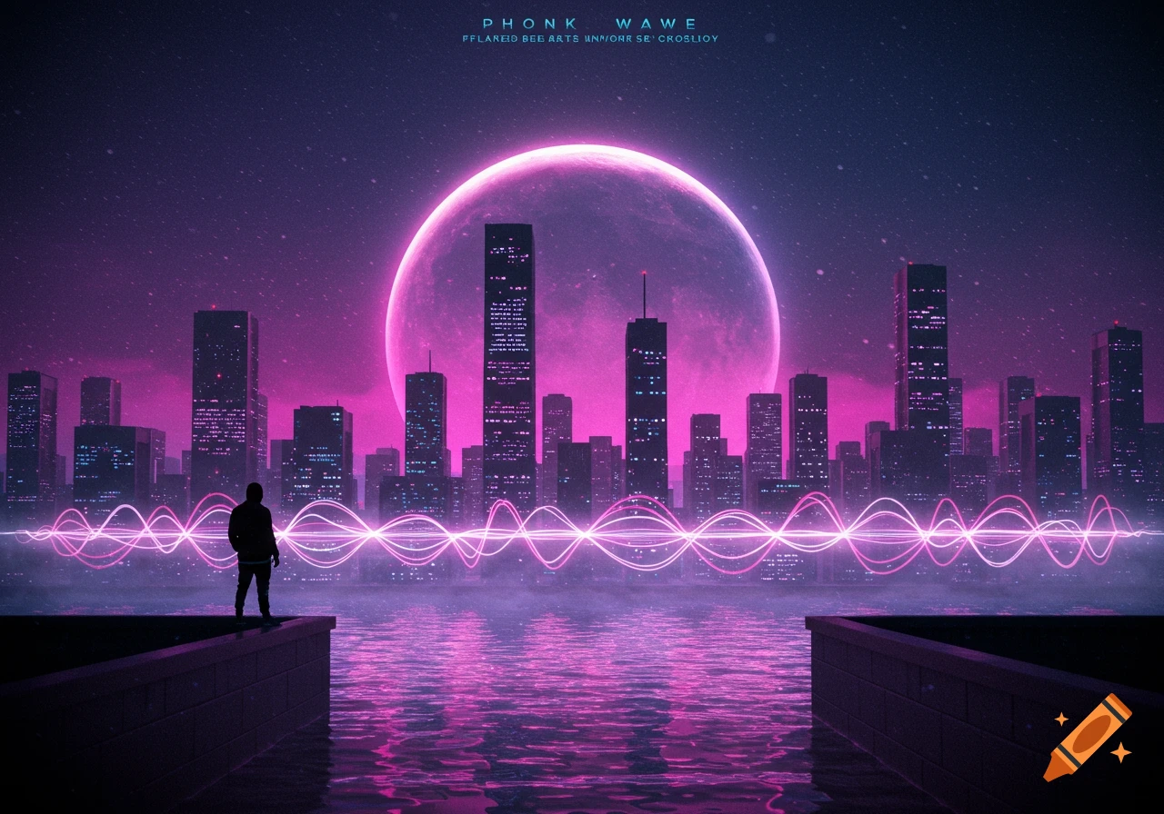 A silhouette stands on a pier, gazing at a vibrant neon purple cityscape under a large glowing moon, with synthwave light waves on the water. Text reads "PHONK WAWE".