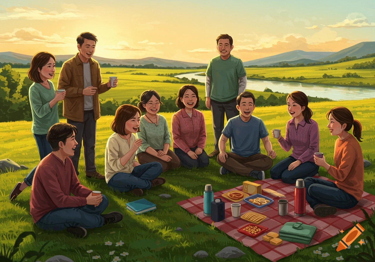A group of Asian adults laughing and sharing a picnic on a red checkered blanket in a lush green field with a river and mountains under a sunset sky.