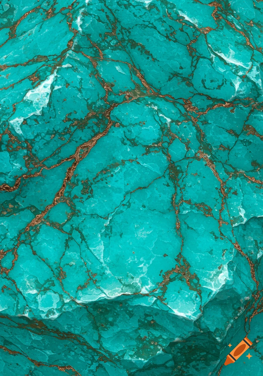 Close-up of a vibrant turquoise mineral texture with intricate gold-colored veins running through it.
