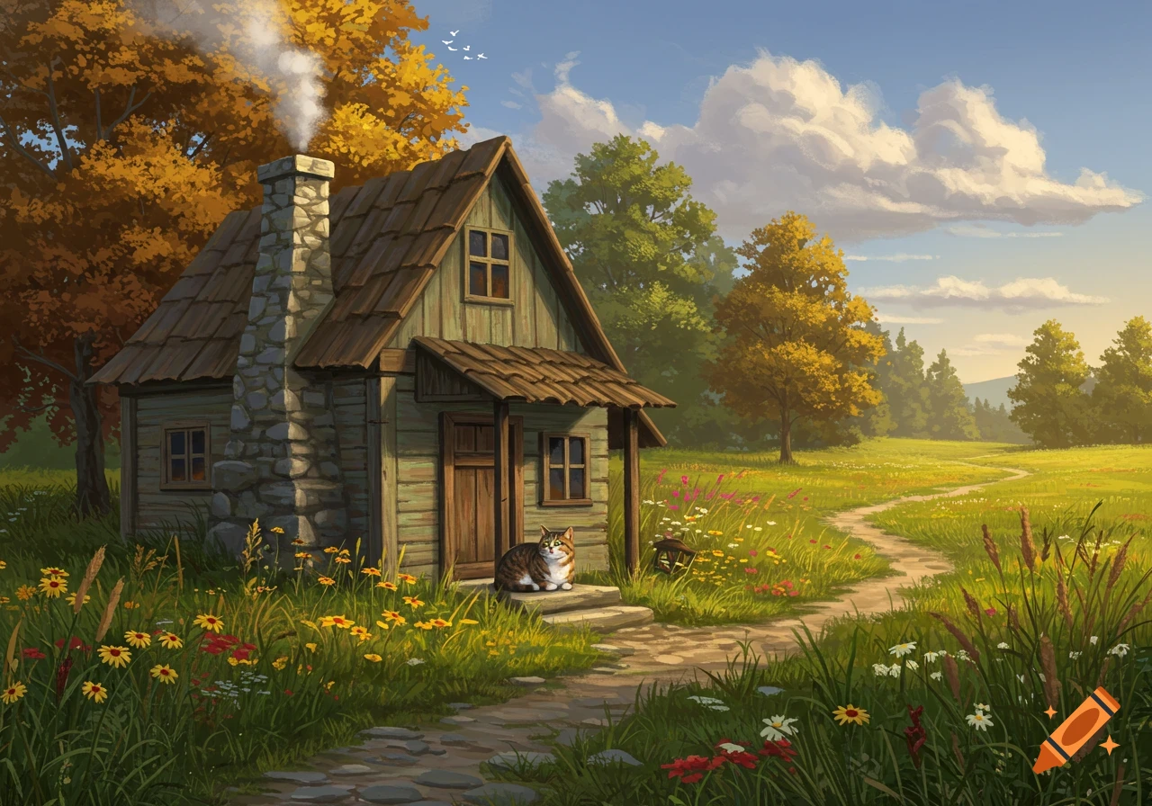 A rustic cottage with a smoking chimney and a tabby cat on the porch, set in an autumn landscape with a wildflower meadow.