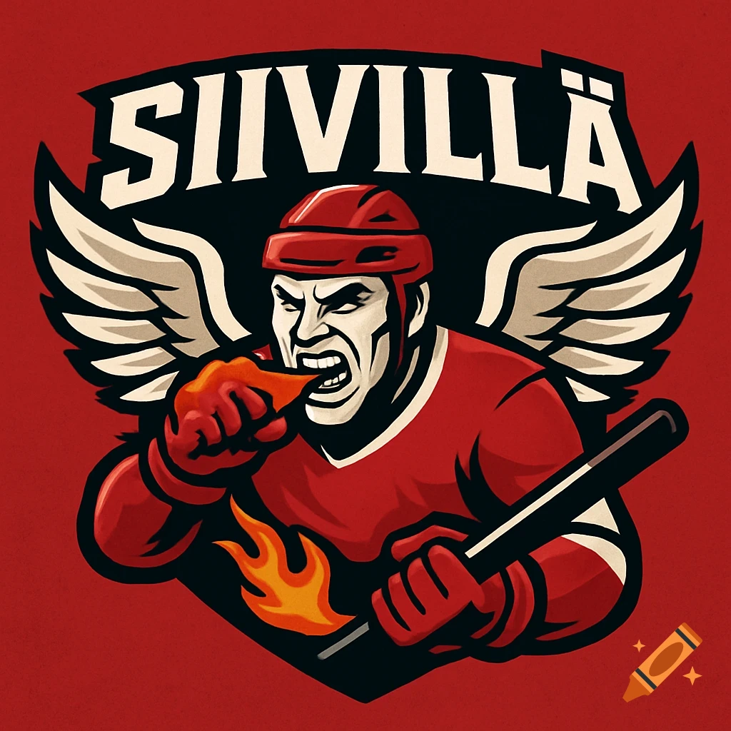 A stylized ice hockey team logo featuring a winged, mean-looking player in red biting a hot wing, with 'SIIVILLÄ' text.