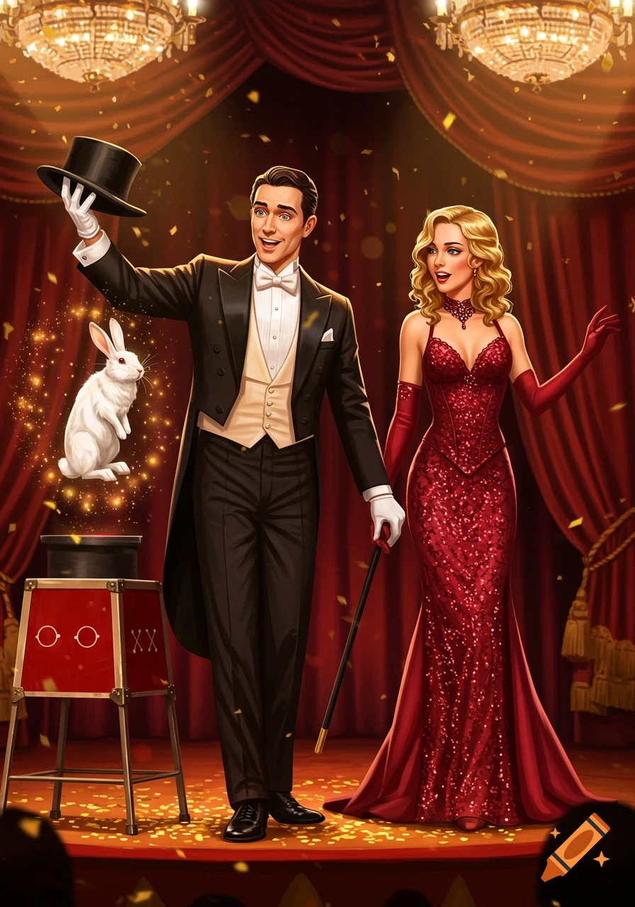 A magician in a tuxedo and his assistant in a red gown perform on stage, with a rabbit appearing from a hat and golden confetti falling.