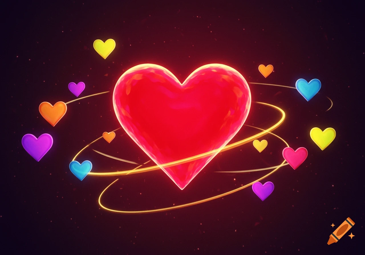 A glowing red heart surrounded by smaller colorful hearts and golden orbital lines on a dark, speckled background.