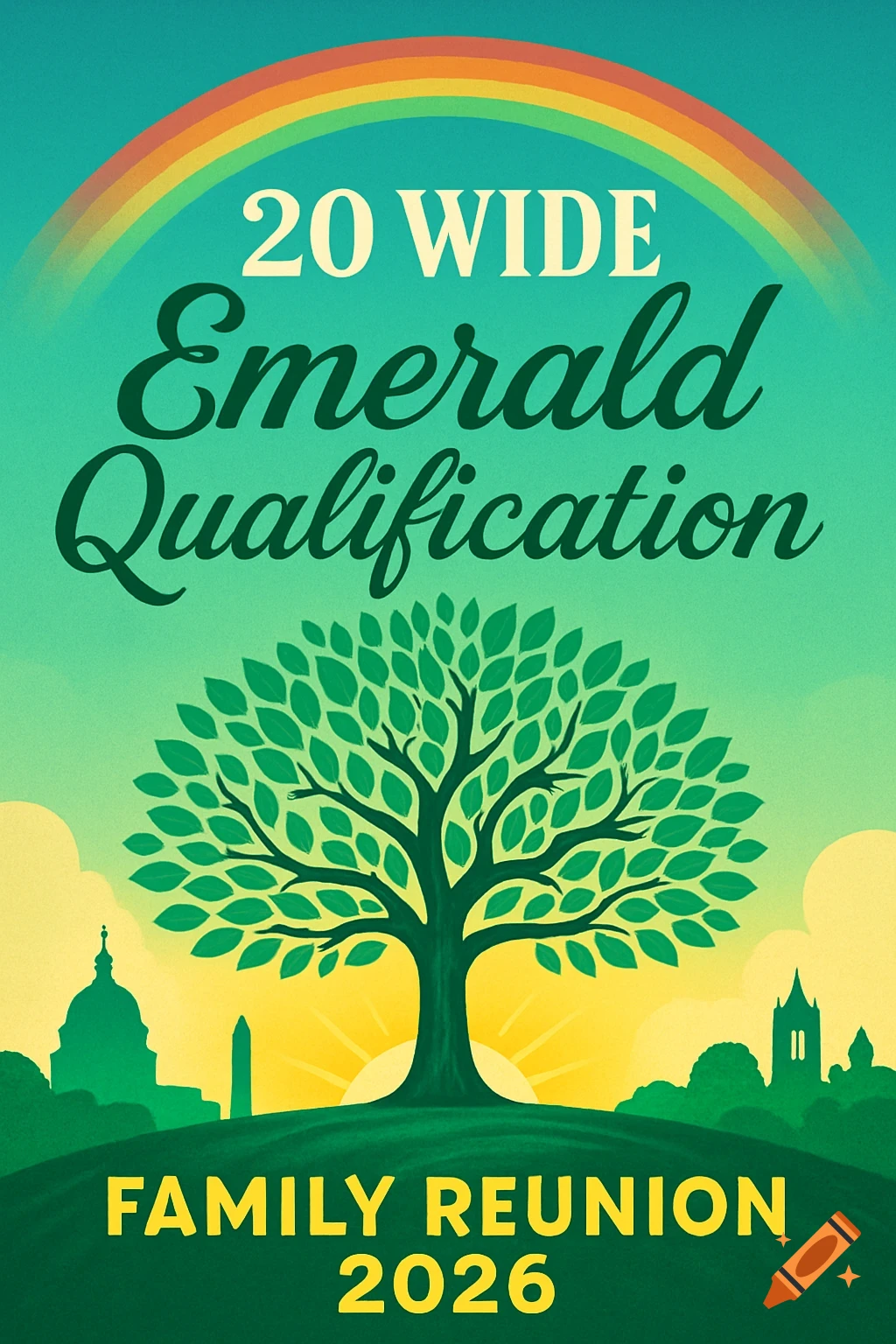 A colorful event poster with a large green tree, a rainbow, and city silhouettes. Text reads '20 WIDE Emerald Qualification FAMILY REUNION 2026'.