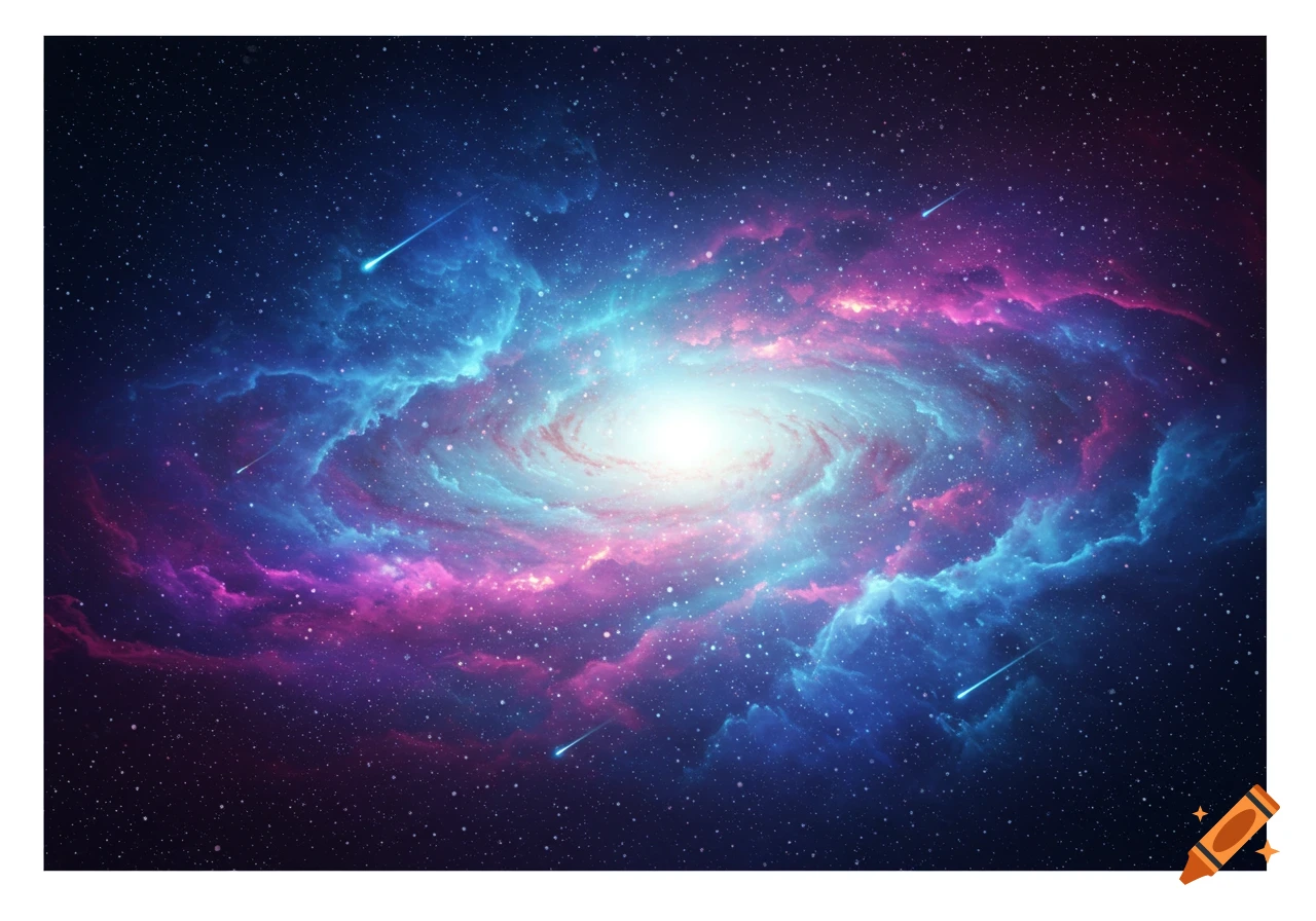 A vibrant spiral galaxy with a bright core, swirling blue and pink nebulae, and shooting stars in a starry space.
