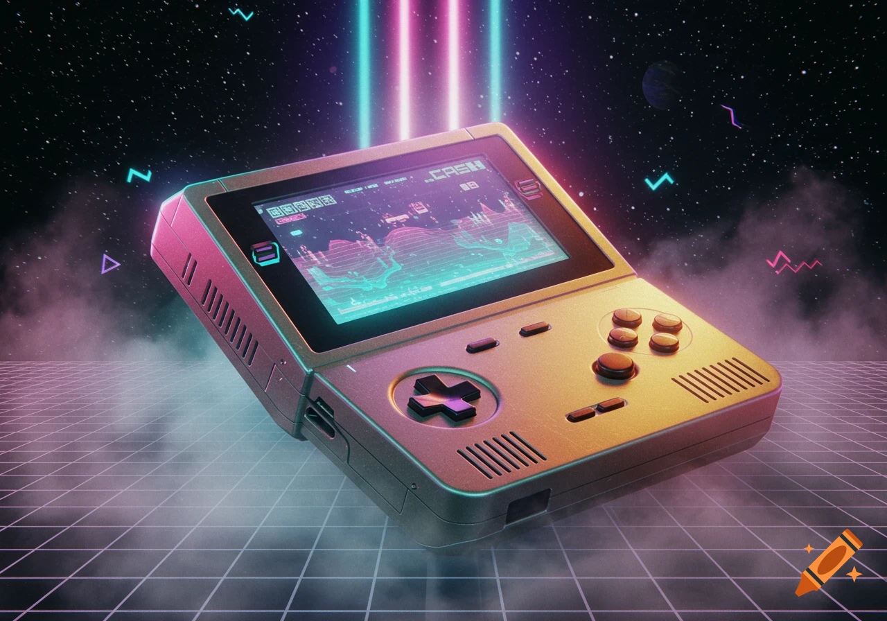 A retro-futuristic portable gaming handheld glows with neon light in a starry space environment with a grid floor.
