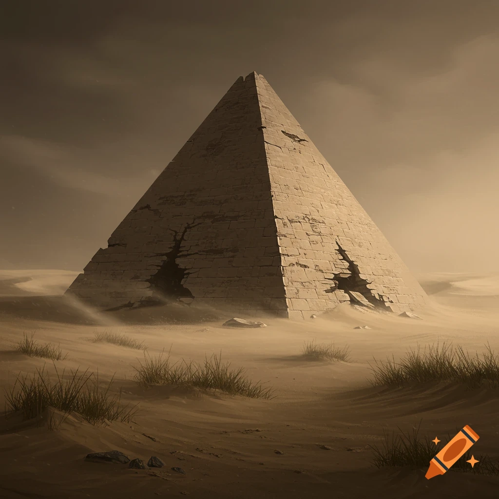 A massive, ancient, and weathered stone pyramid, cracked and partially buried in a desolate, sandy desert under a muted sky.