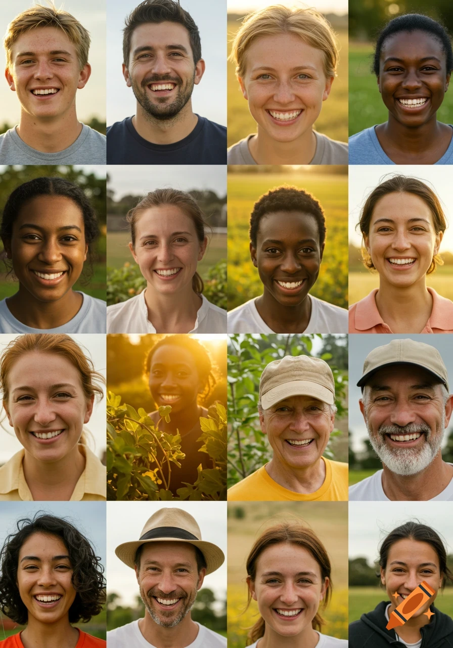 A photorealistic collage of diverse people of various ages and ethnicities smiling in natural sunlight.