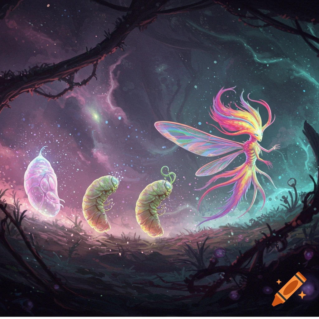 A vibrant, colorful creature's evolution: a glowing cocoon, two caterpillar-like larvae, and a radiant, winged fairy with flowing hair in a fantasy landscape.