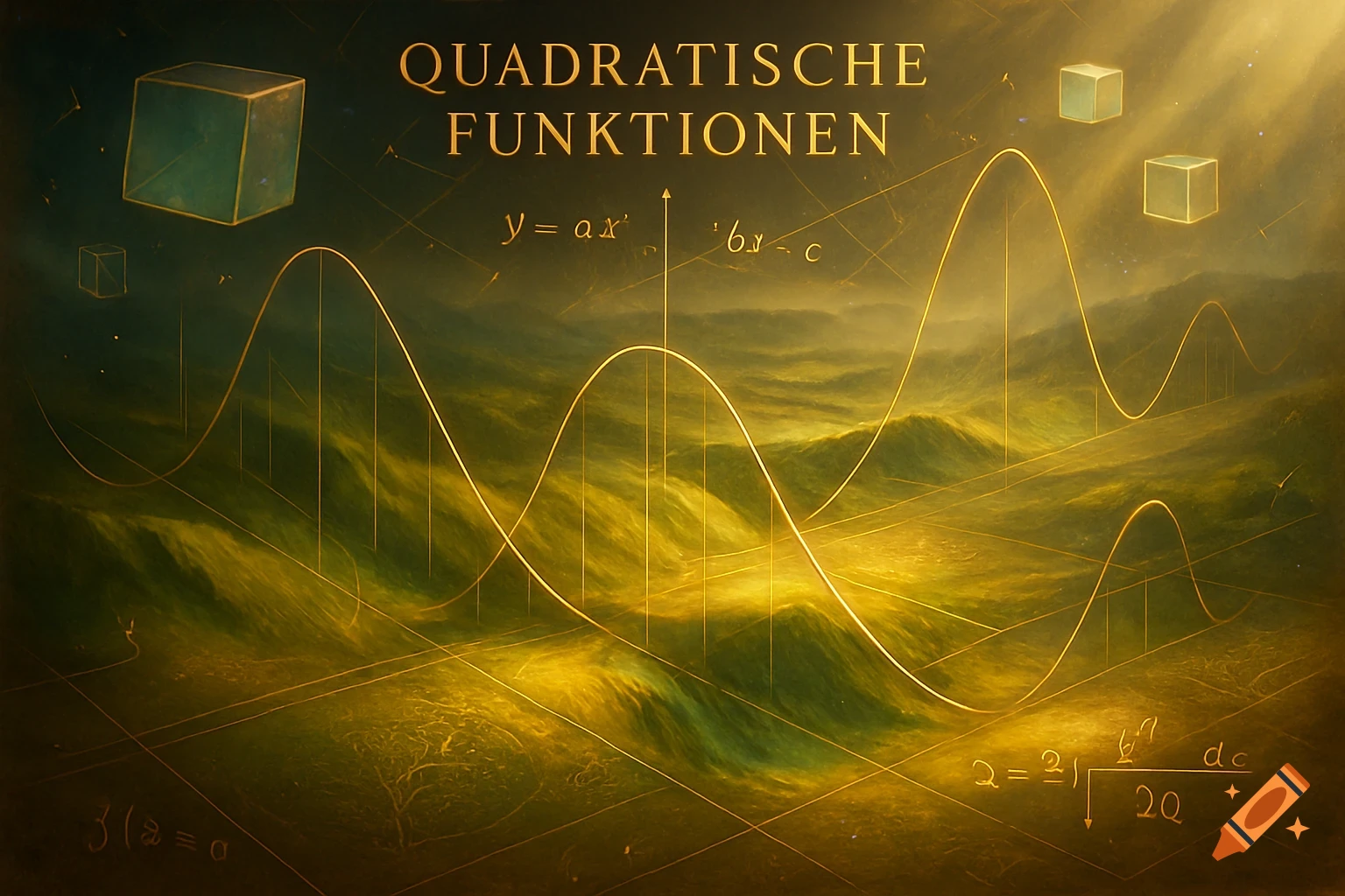 Golden graphs of quadratic functions rise above a green and gold abstract landscape with glowing cubes and equations floating in the background.