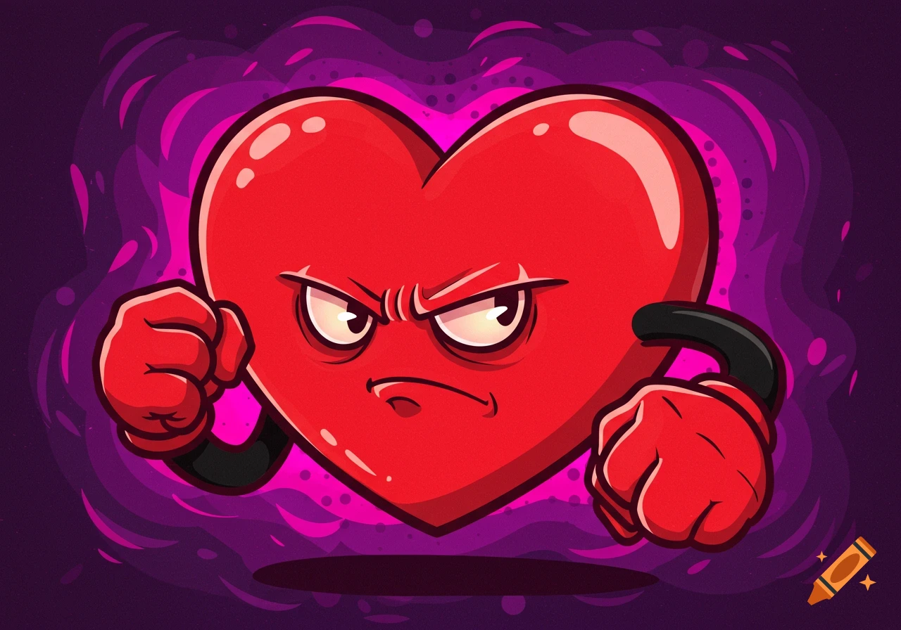 A red cartoon heart character with an angry, scowling expression, clenching its fists, against a dark purple, wavy background.