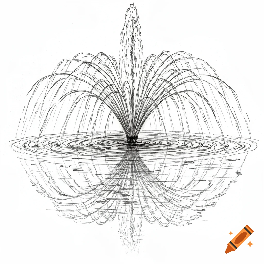 A black and white sketch of a pond fountain spraying water in an umbrella shape, with ripples and a reflection.