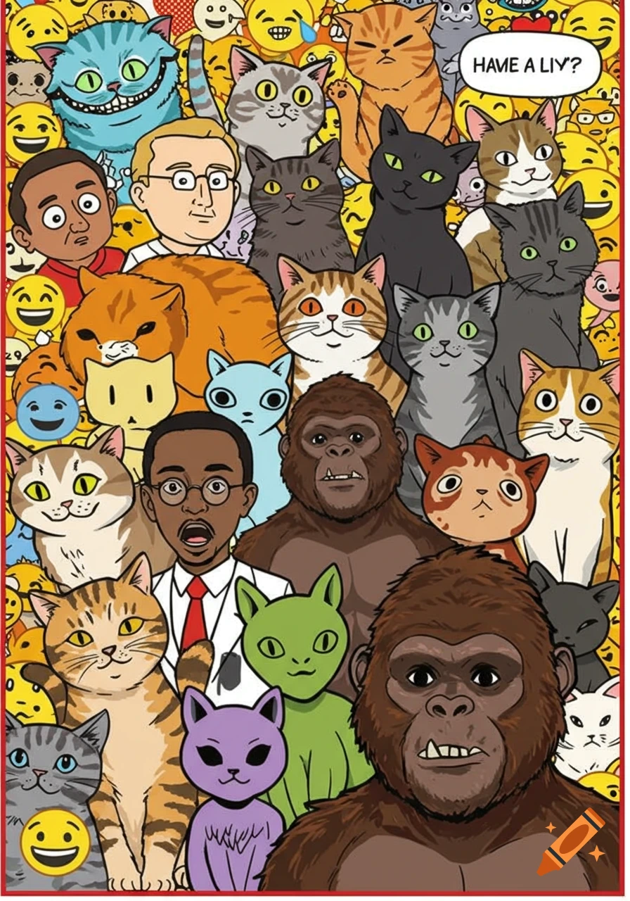 A busy cartoon collage featuring many cats, two men resembling meme characters, two gorillas, and an alien-like creature, all surrounded by yellow emojis. A speech bubble reads "HAVE A LIY?".