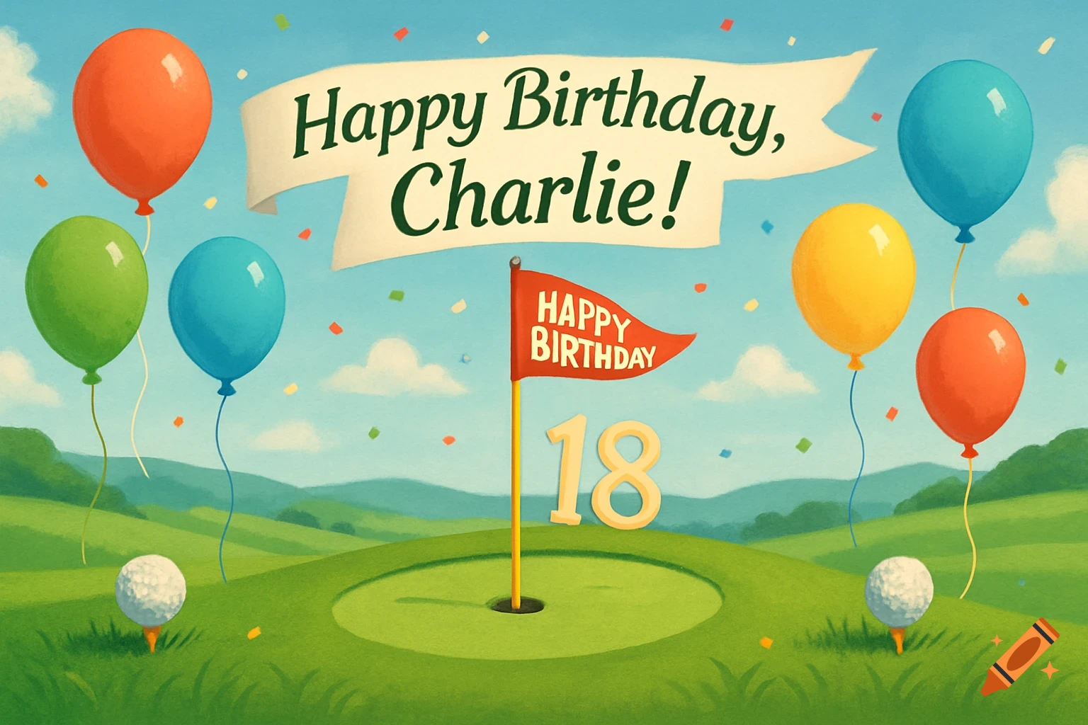 An illustration of a golf course with a "Happy Birthday, Charlie!" banner, balloons, and a golf flag that says "HAPPY BIRTHDAY" next to the number 18.