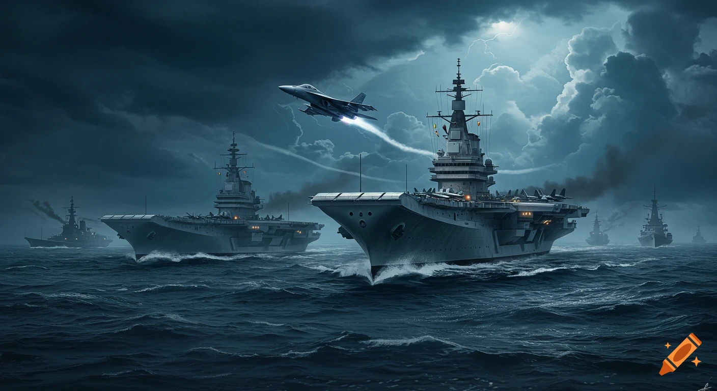Two aircraft carriers and a fleet of warships navigate stormy seas at night, with lightning striking as a jet takes off.