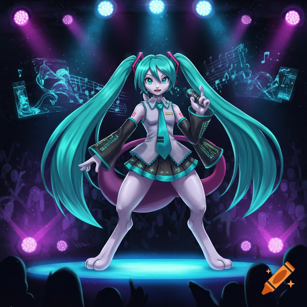 Anime-style Mewtwo dressed as Hatsune Miku sings on stage with spotlights and musical notes, a crowd in the foreground.
