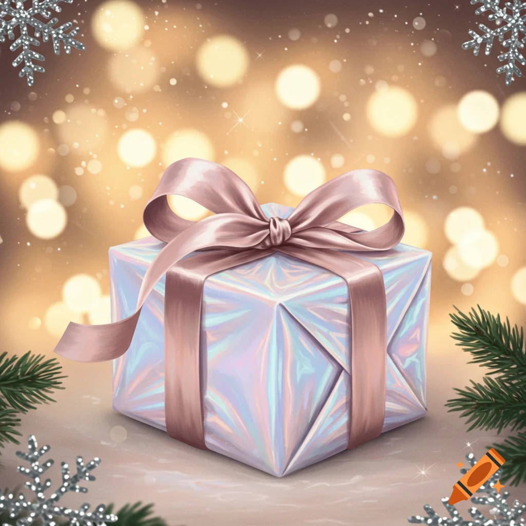 A festive gift box with iridescent wrapping and a pink ribbon, surrounded by bokeh lights, snowflakes, and pine needles.