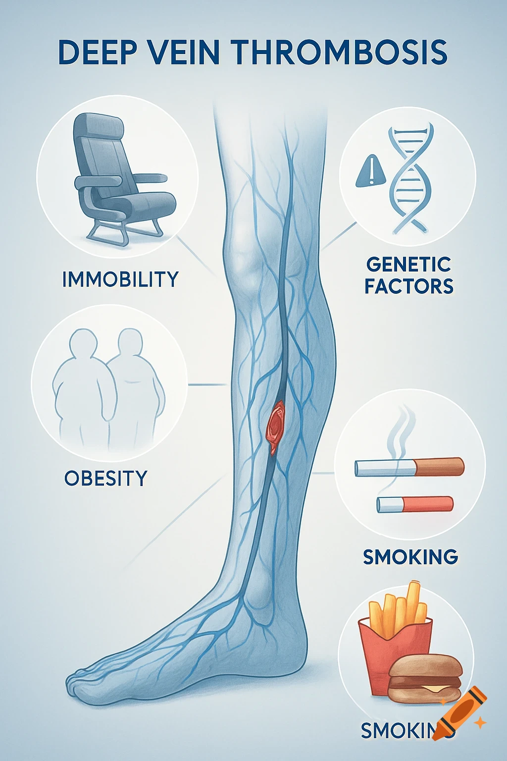 Medical illustration of a human leg showing deep vein thrombosis, surrounded by icons representing risk factors: immobility, obesity, genetic factors, smoking, and unhealthy diet.