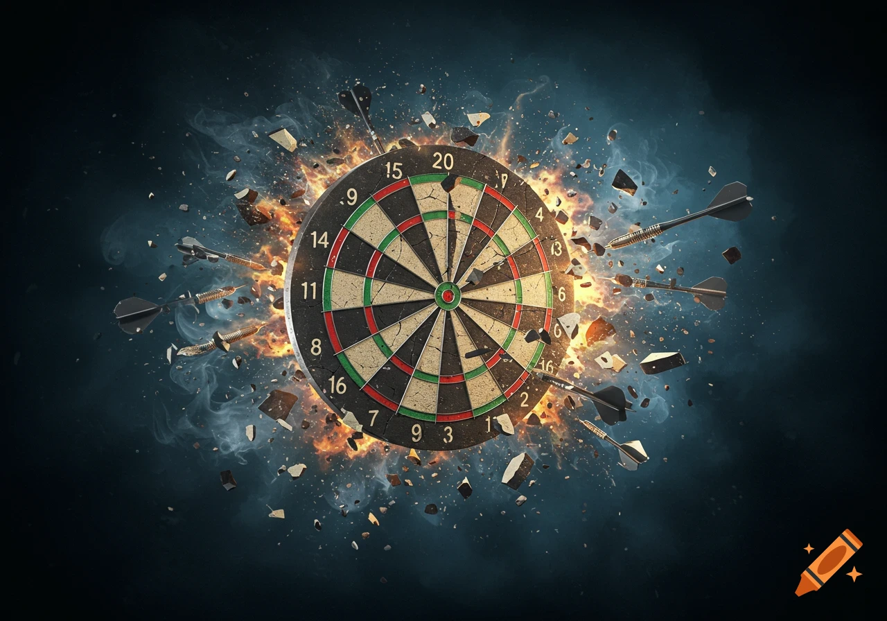 An exploded dartboard with darts flying out, surrounded by fire, smoke, and debris on a dark background.