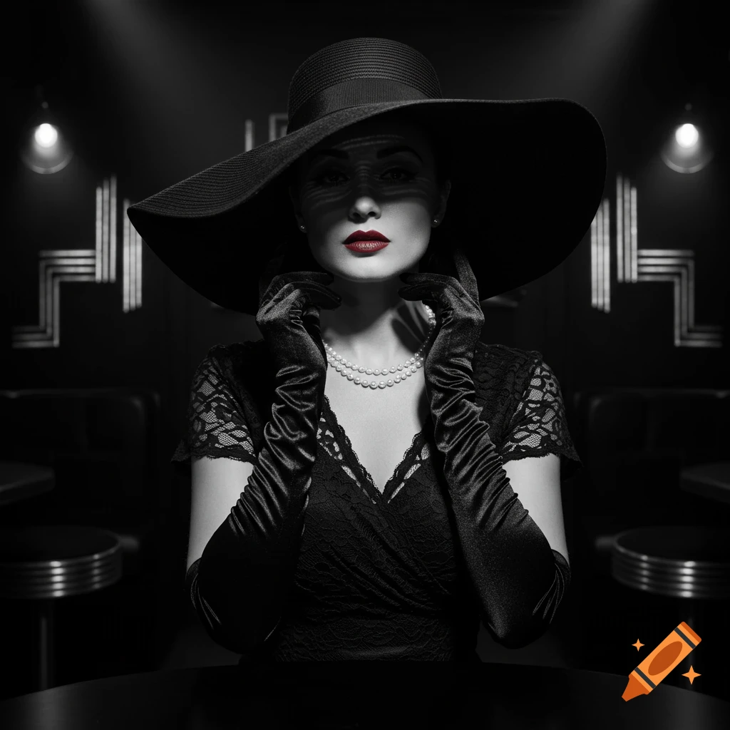 Dramatic black and white portrait of a woman in a wide-brimmed hat, long gloves, and pearls, with bold red lipstick.