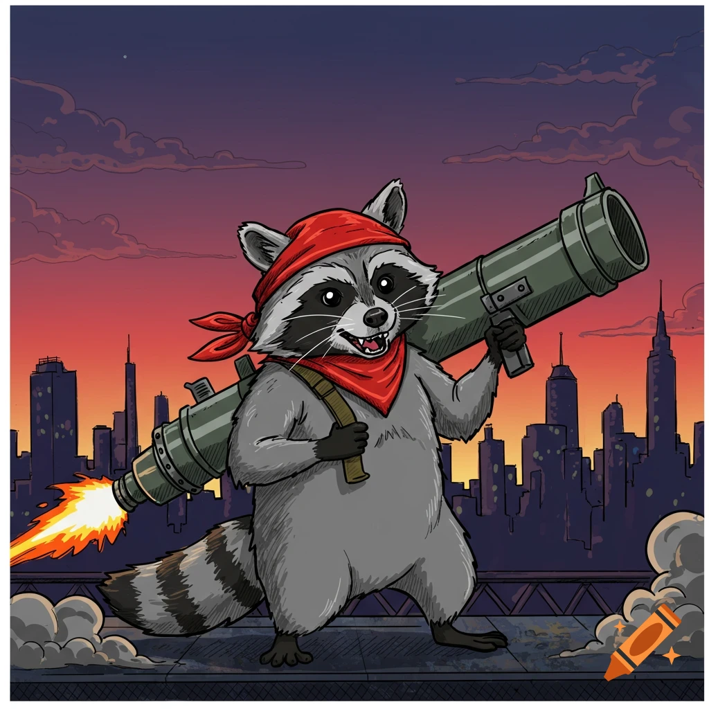 A cartoon raccoon wearing a red bandana and holding a rocket launcher stands on a rooftop against a city skyline at sunset.