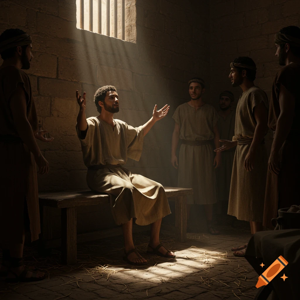 A man with raised arms sits on a bench in a dark, ancient prison cell, illuminated by light from a barred window, surrounded by other men.