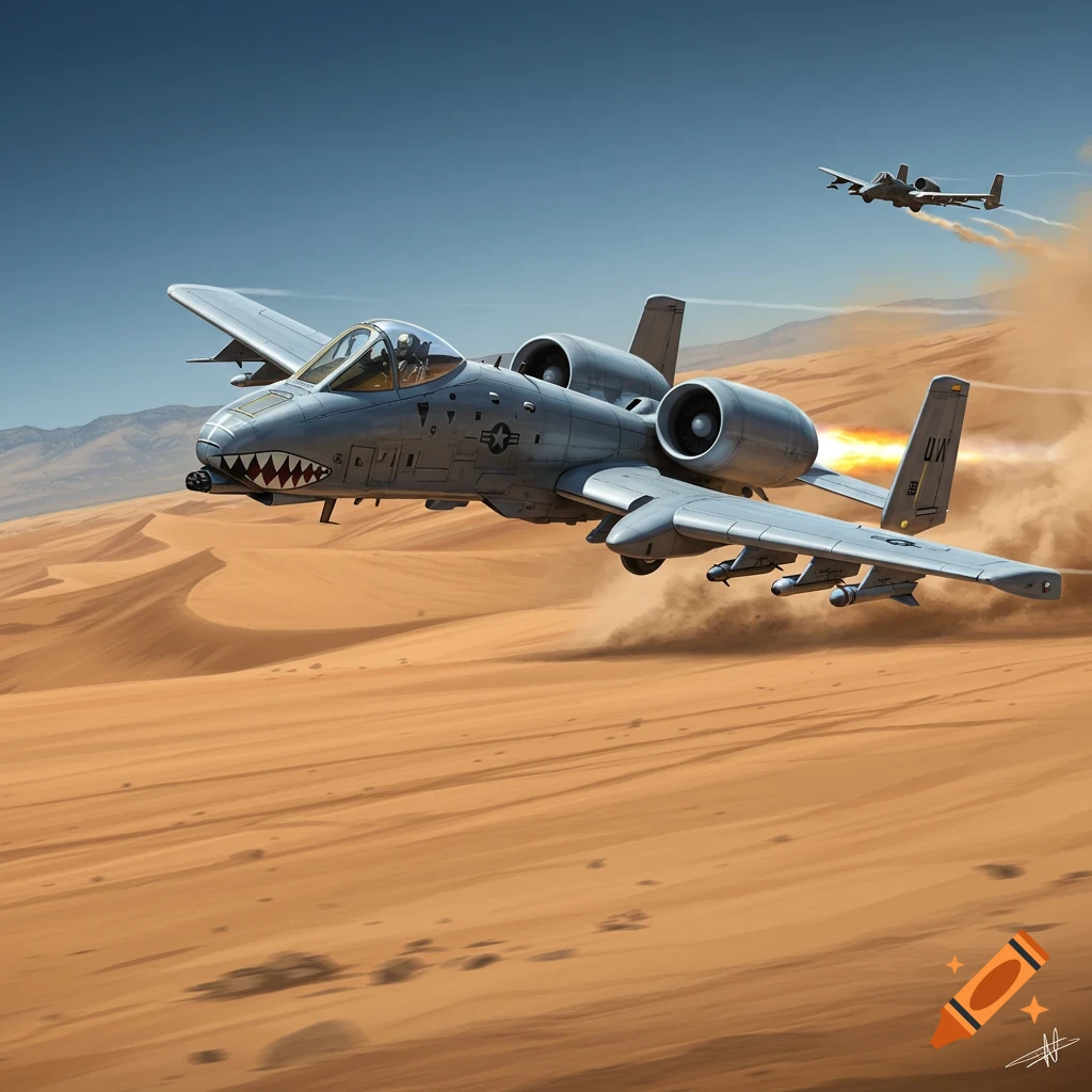 Two A-10 Warthog planes, one with shark mouth art and exhaust flames, flying low over sand dunes in a desert.