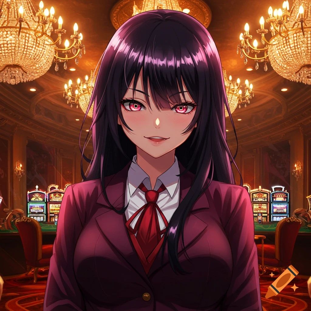 Anime girl with long dark hair, red eyes, and a red tie, smiling in a grand casino with slot machines and chandeliers.