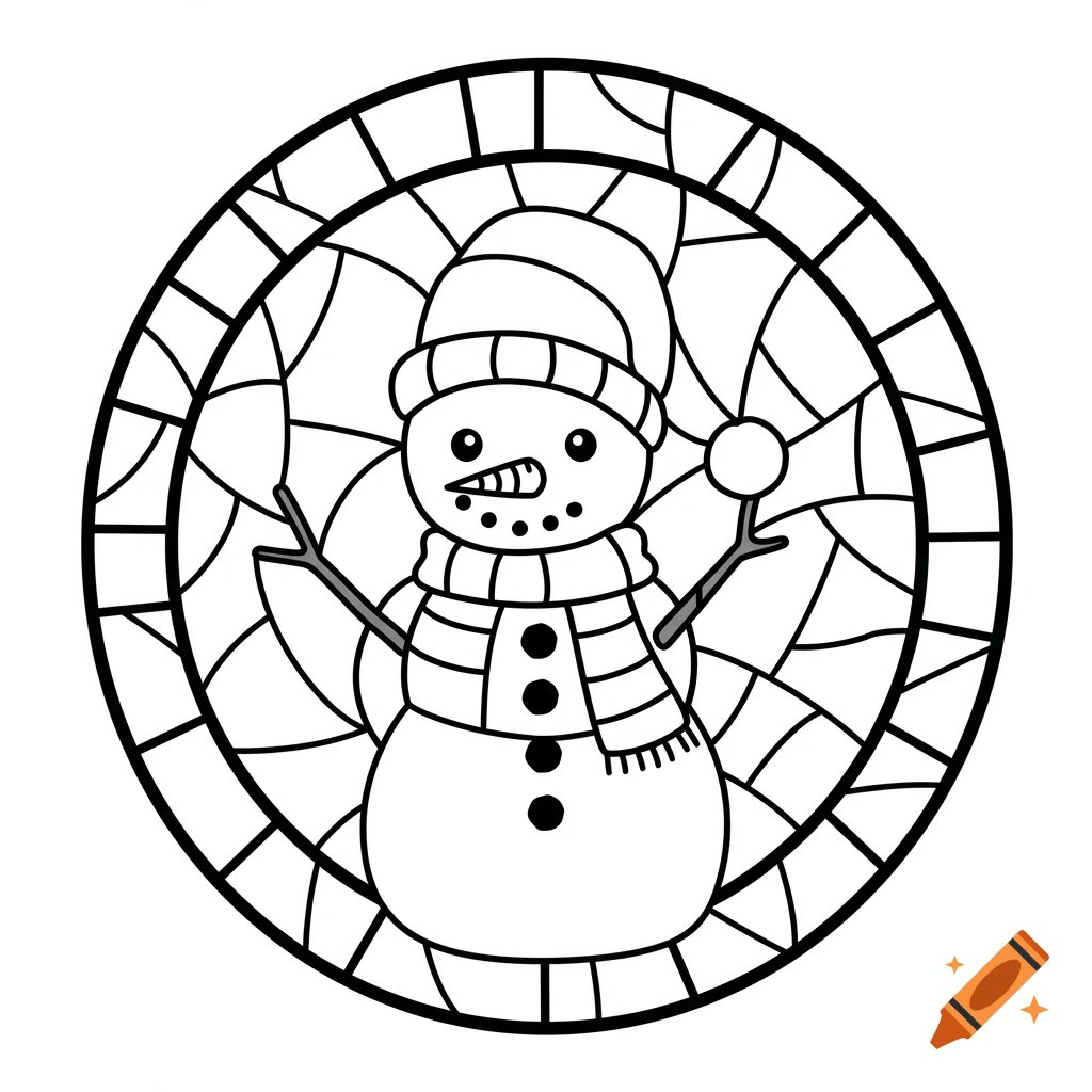 A black and white line art coloring page of a cartoon snowman with a hat and scarf, within a circular stained-glass window frame.