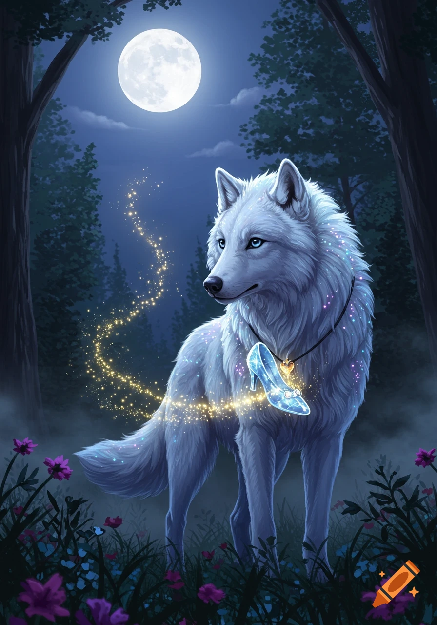 A white wolf with blue eyes and sparkling fur stands in a dark forest at night under a full moon, with a glowing glass slipper on its neck and magical trails.
