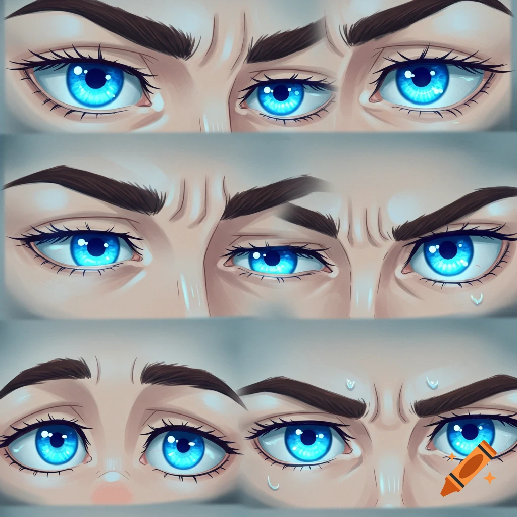Anime-style close-up of three pairs of expressive blue eyes, depicting annoyed, sad, and mad emotions.