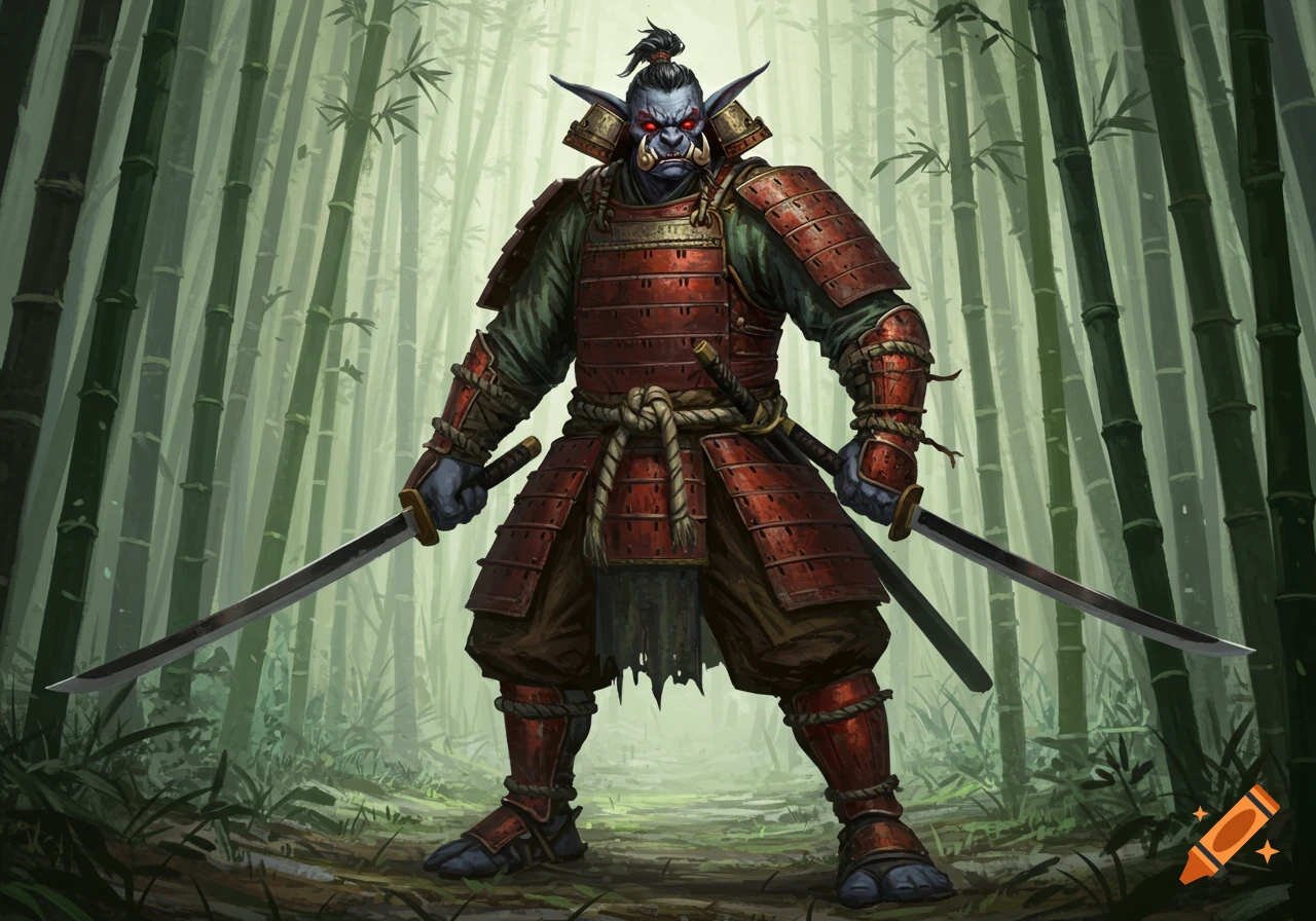 A blue-skinned troll samurai with red eyes and tusks, wearing red armor and holding two katanas in a bamboo forest.