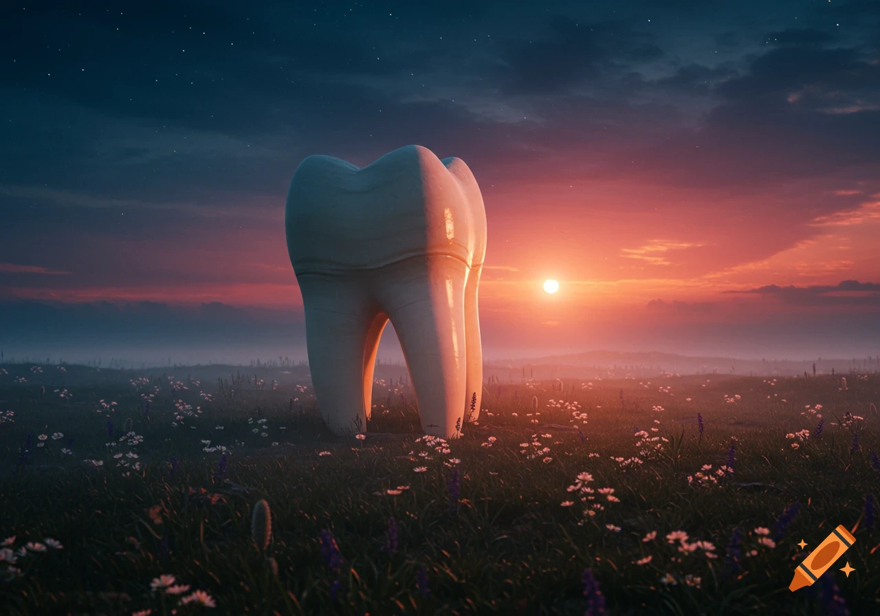 A giant molar tooth stands upright in a field of wildflowers under a dramatic sunset and starry sky.